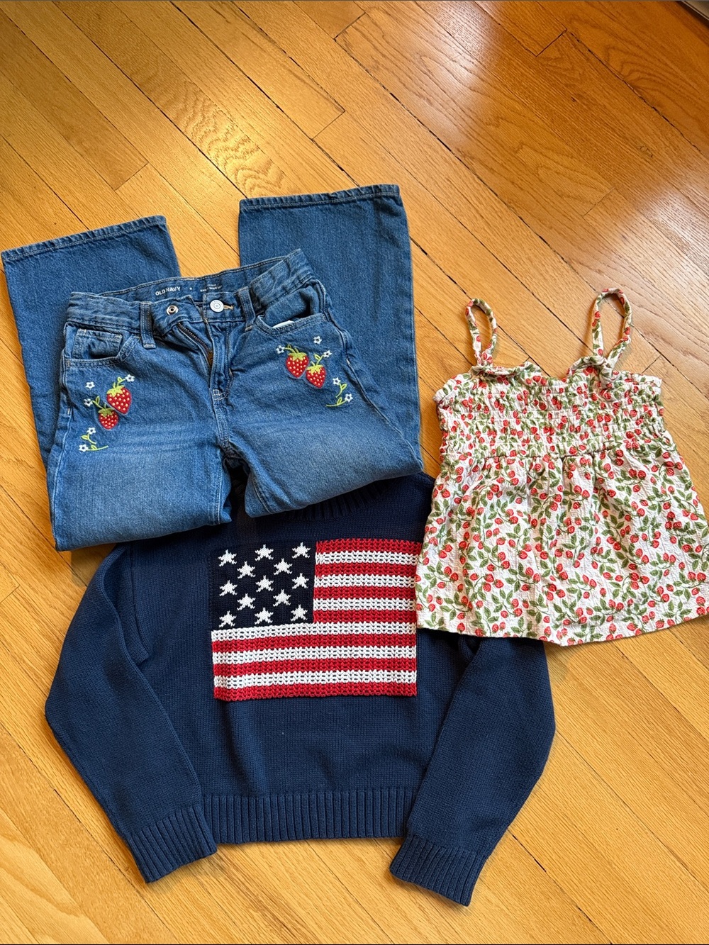 Old Navy Navy Knit Kids Sweater with Red, White & Blue Flag & Strawberries
